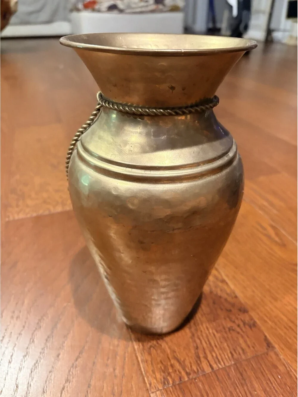 Vintage Solid Hammered Brass Vase w/ Brass Rope & Tassels Patina 10” Rustic